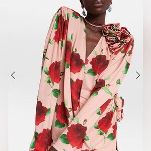 $1800 Magda Butrym rose print draped blouse shirt top 3D flower brooch shoulder